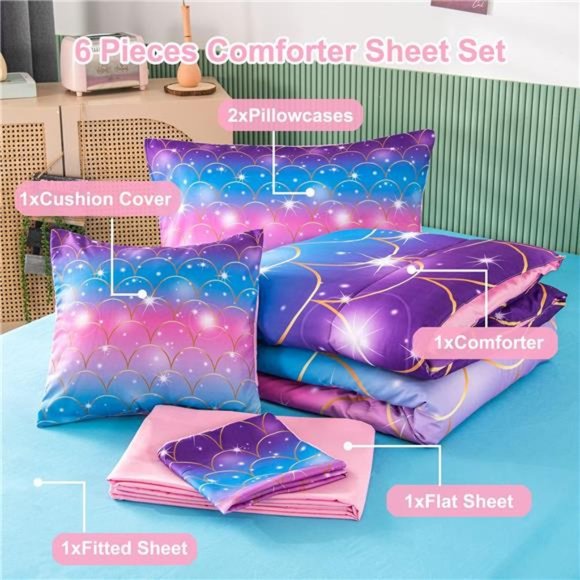 6Pcs Mermaid Scale Comforter Sets TwinSize,3D Pink Glitter Bed in A Bag for Teen - Picture 3 of 7